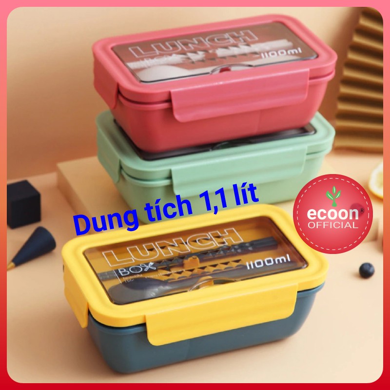 Hộp đựng cơm LUNCH BOX 1100ml, Hộp cơm 2 ngăn kèm đũa thìa cao cấp