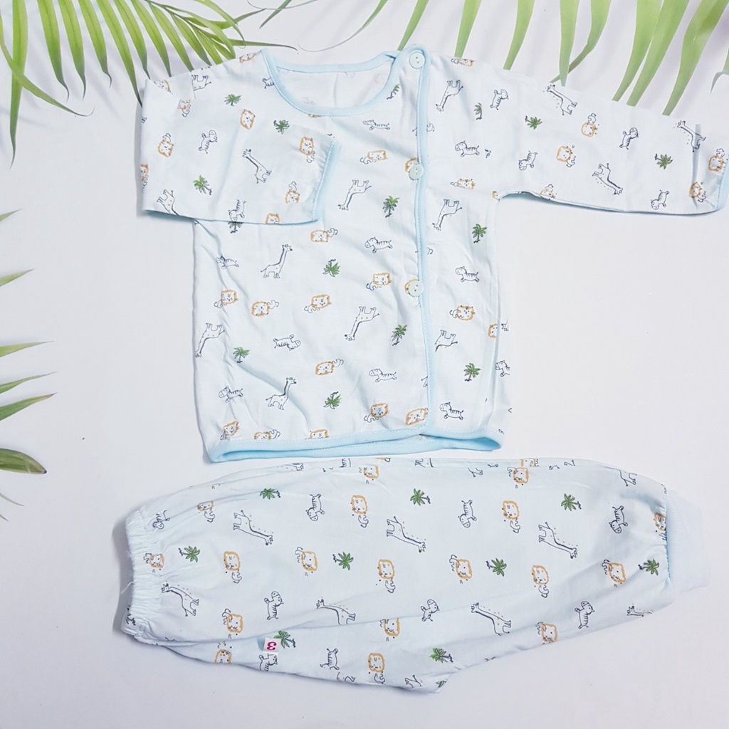 Bộ quần áo dài tay cotton cho trẻ sơ sinh, khuy lệch -Họa tiết đáng yêu