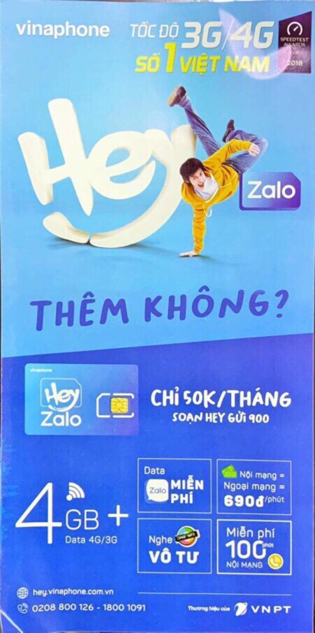 Sim 4G HEY ZALO VINAPHONE Dùng Zalo, Zing miễn phí và có 4Gb data hàng tháng