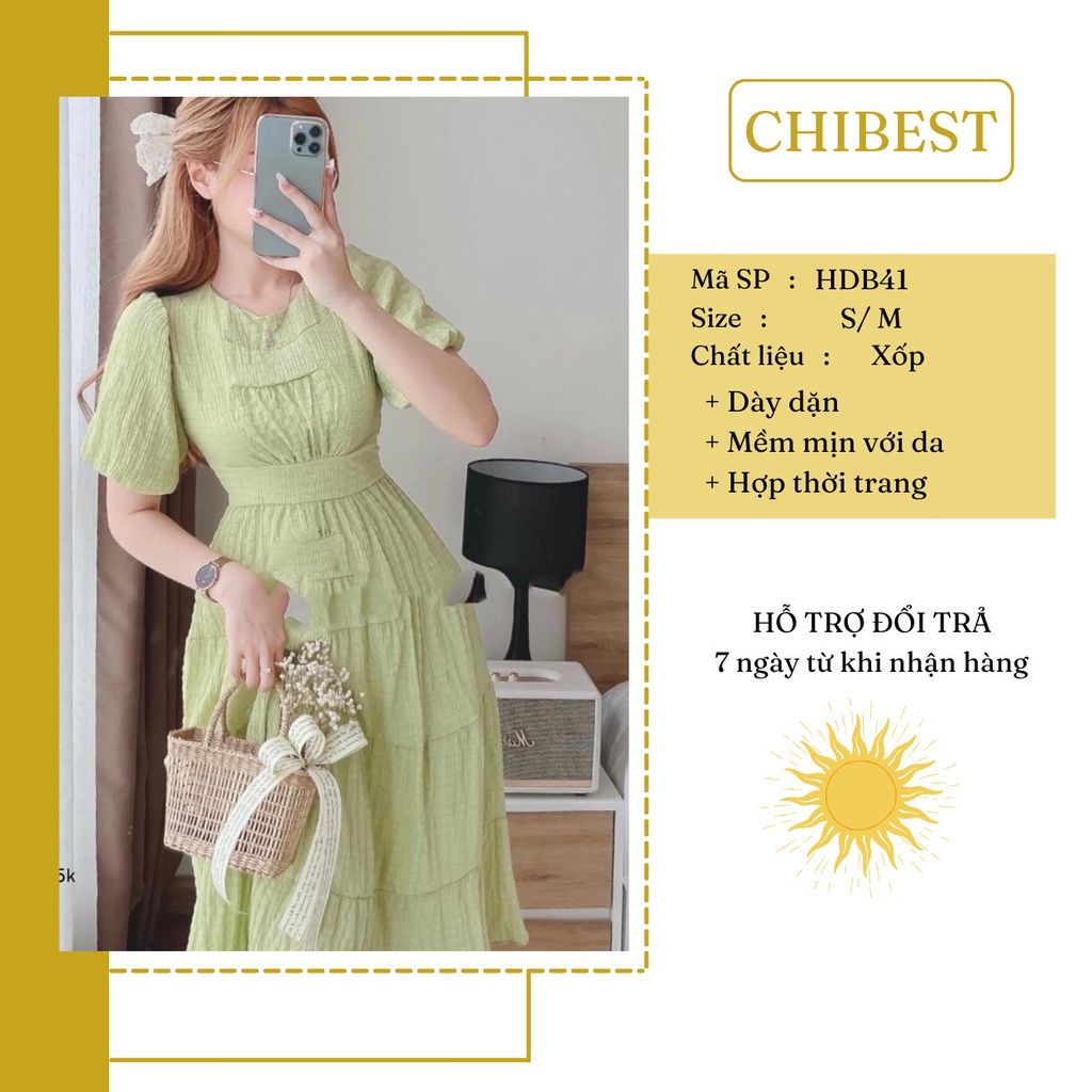 Đầm maxi đi biển tay bồng chất vải xốp nhún 2 lớp thời trang bánh bèo nhẹ nhàng vintage CHIBEST HDB41 | BigBuy360 - bigbuy360.vn