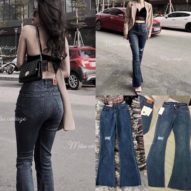 [Ảnh thật/Video]Quần Jean ống loe cào nhẹ hai màu xanh nhạt và xanh đậm