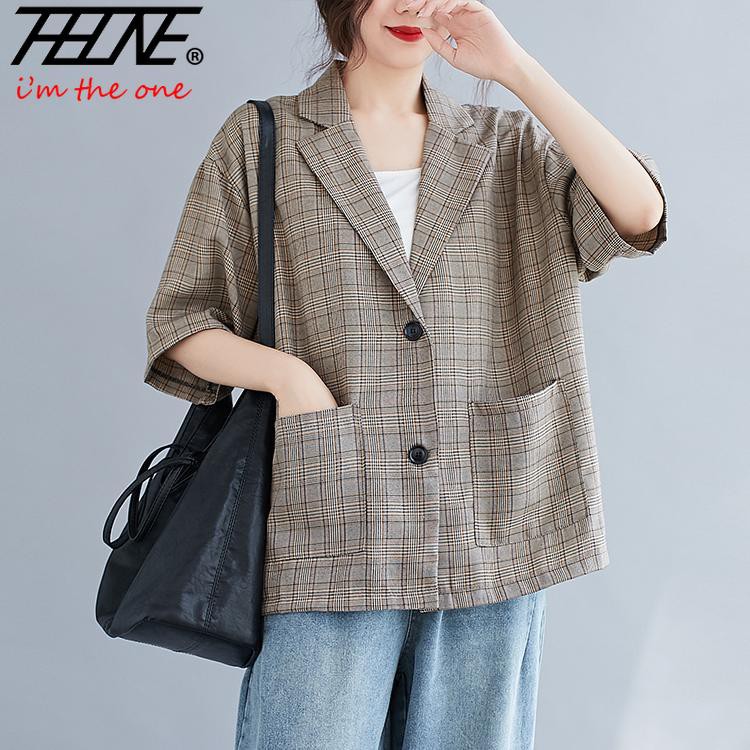 Áo Khoác Blazer Tay Lửng Dáng Rộng Họa Tiết Sọc Caro Thời Trang Xuân Thu Hàn Quốc Cho Nữ