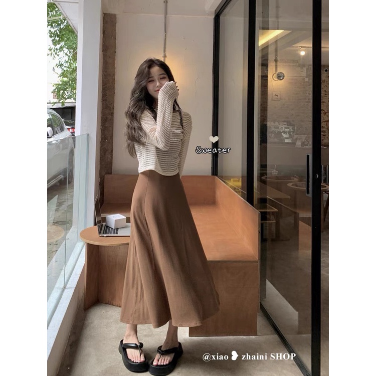 Set Váy Đầm 2 Dây Thun Tăm Kèm Áo Len Lưới Tay Dài Tiểu Thư