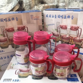Bộ gia vị thủy tinh 5 món có tay cầm