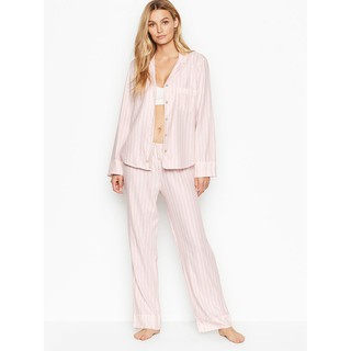 (Size XS) - Bộ đồ ngủ dài (16) sọc hồng trắng, chất vải Flannel, Pink White Stripe -  Mỹ