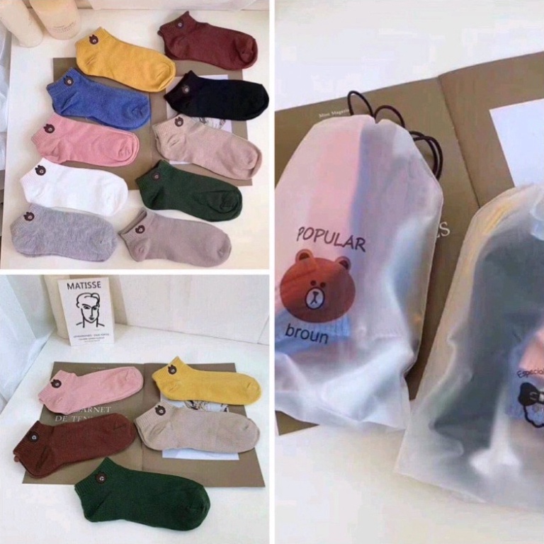 Combo 10 đôi tất nữ cổ ngắn hình gấu kute tặng kèm túi rút dễ thương Standbyshop888