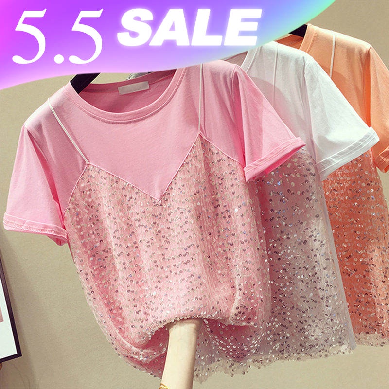2022 spring and summer new large 200kg short sleeve T-shirt women's pure cotton Korean loose fake two-piece top bottomed shirt