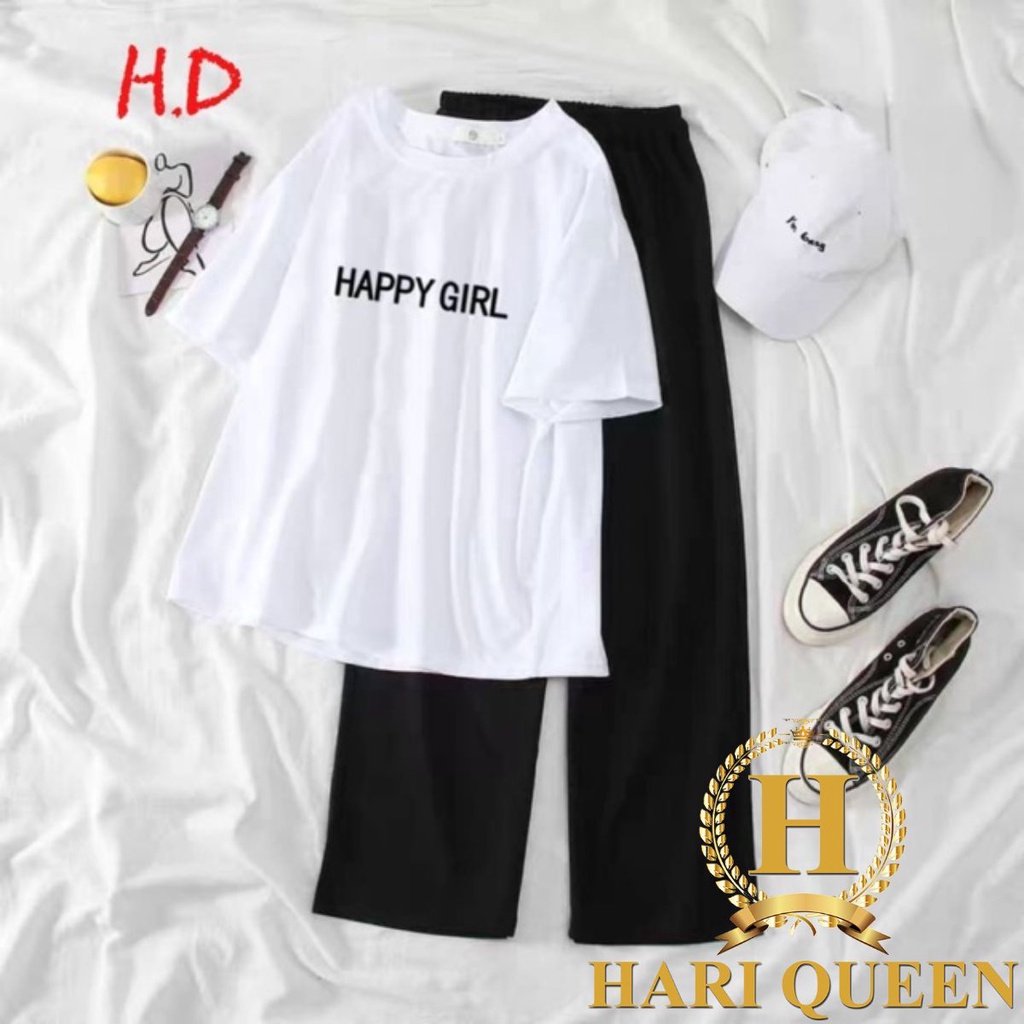 Sét áo phông Happy Girl + quần ống rộng dài HARIQUEEN