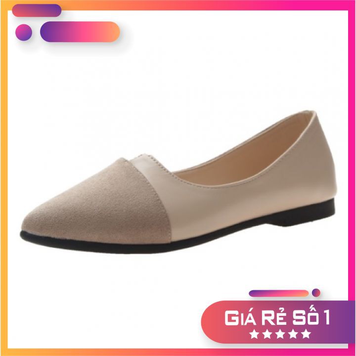 Giày búp bê đế bệt mũi nhọn phối da lộn màu BE cho nữ size 250