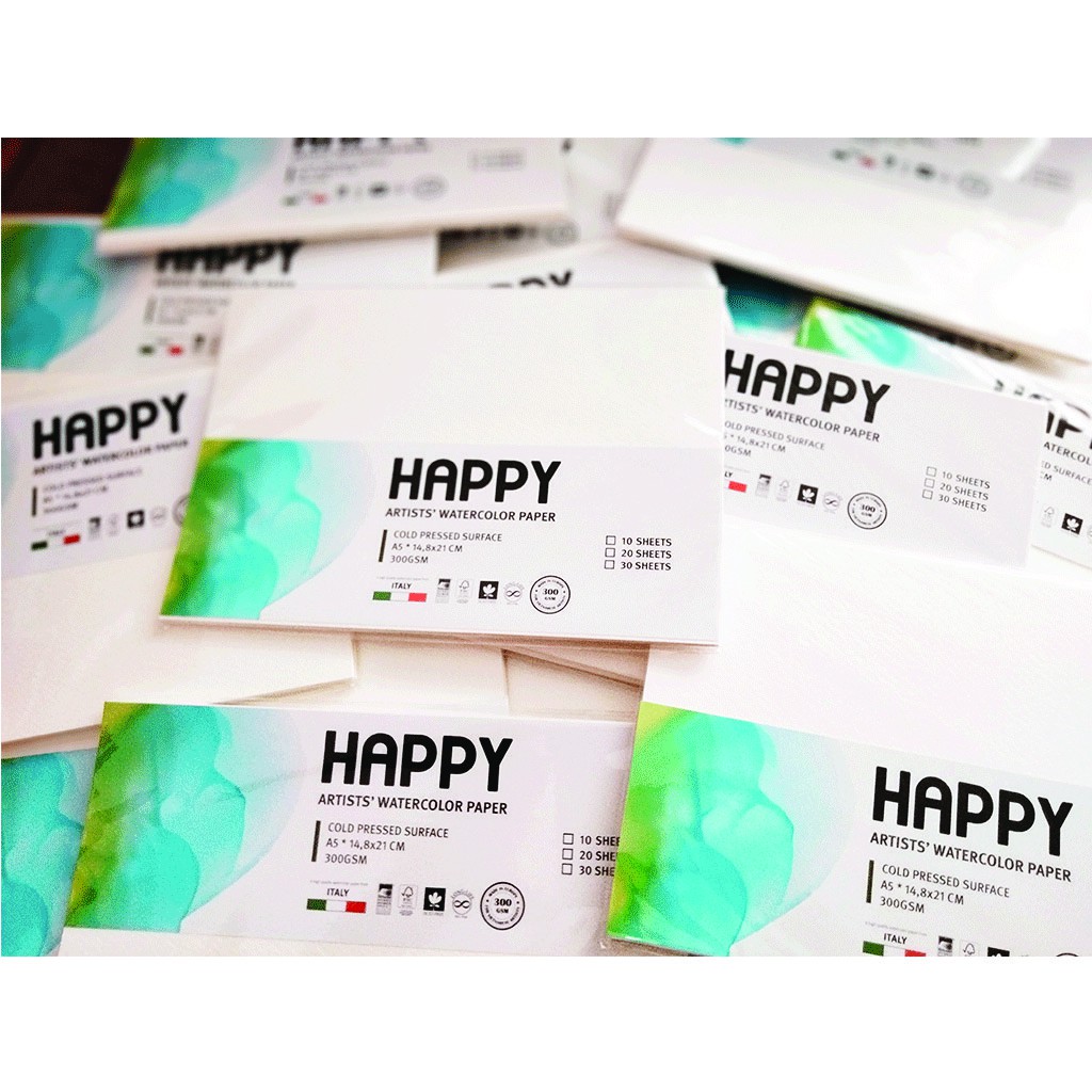 Giấy vẽ màu nước Happy hạng họa sĩ chất giấy dày 250gsm và 300gsm