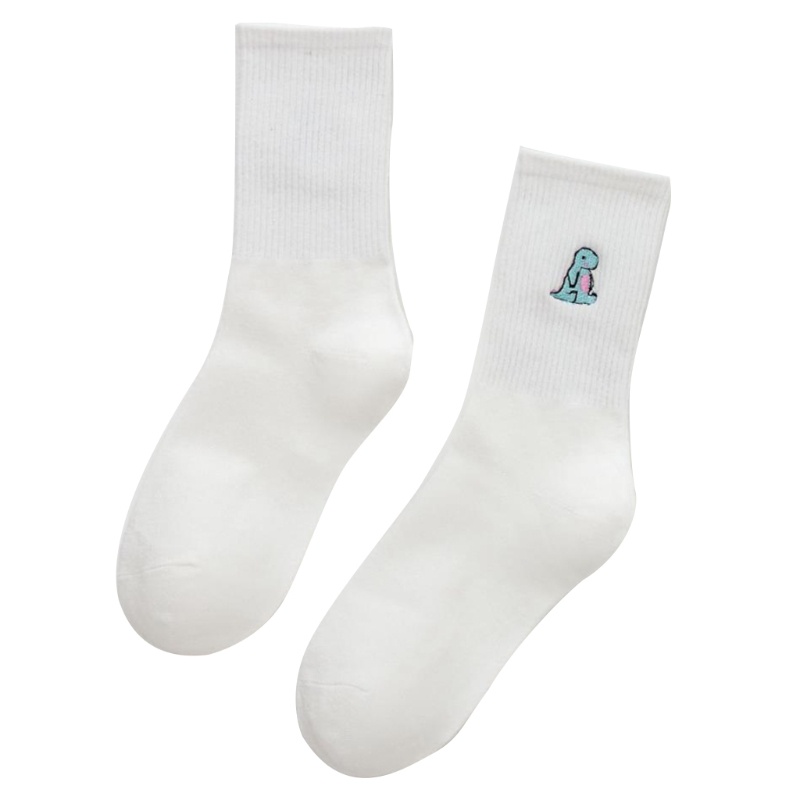 Vớ Cotton Màu Trơn Thêu Họa Tiết Khủng Long Hoạt Hình Phong Cách Harajuku Nhật Bản Cho Nữ