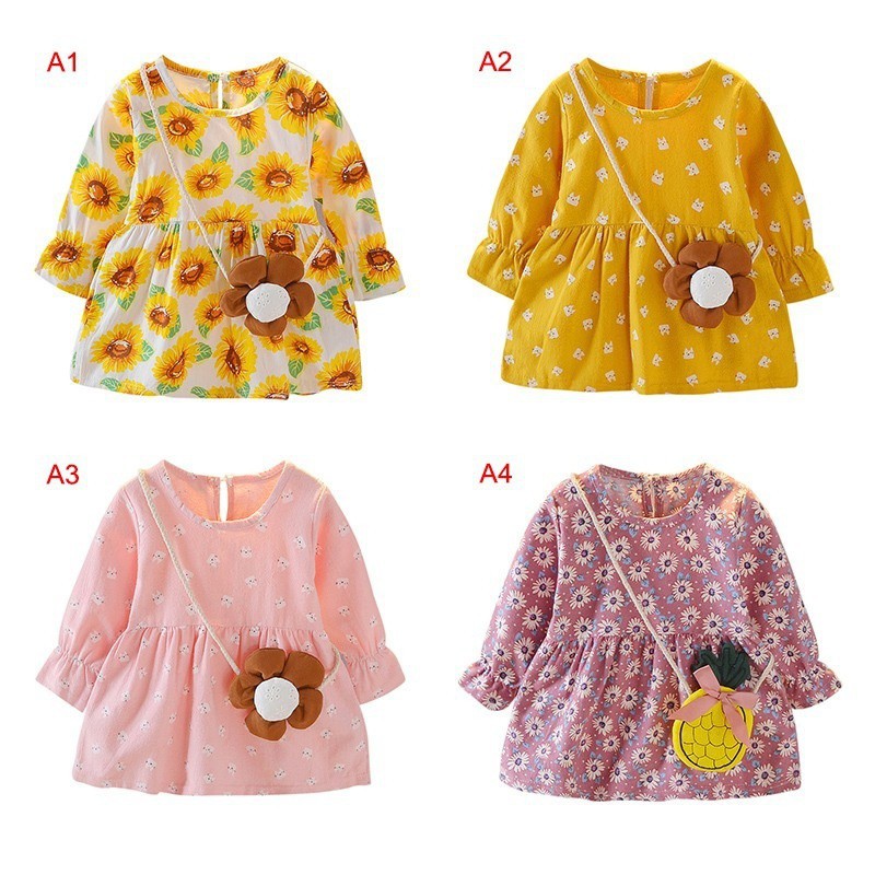 Đầm dài tay họa tiết hoa dễ thương cho bé gái từ 0-4 tuổi