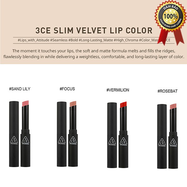 Son Thỏi Lì 3CE Slim Velvet Lip Color New Matte Color Full màu