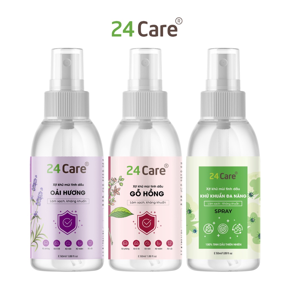 Combo 3 xịt Gỗ Hồng + Oải Hương + Đa Năng 24Care 50ml/chai