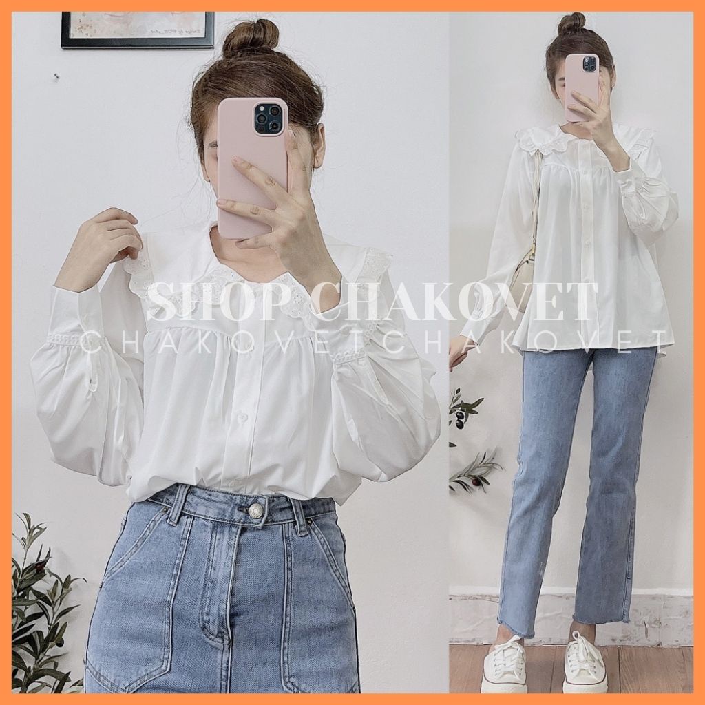 Áo sơ mi nữ tay dài form rộng CKA885, kiểu áo babydoll trắng tiểu thư thiết kế cổ bèo viền ren đẹp phong cách hàn quốc