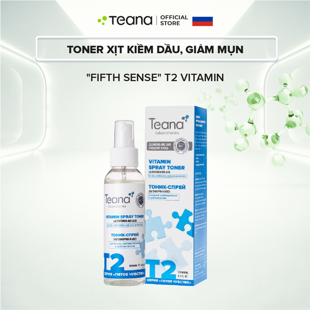 Toner Teana "Fifth Sense" T2 Vitamin Spray dạng xịt giúp kiềm dầu, giảm mụn với chiết xuất lô hội và Lactoferrin 125ml