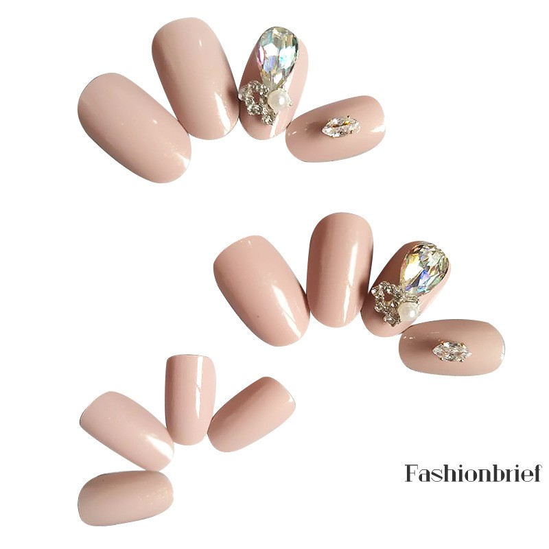 [Hàng mới về] Set 24 móng tay giả có đính hạt 3D màu nude xinh xắn cho nữ
