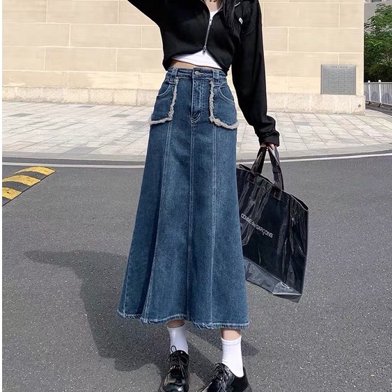 Chân váy jeans cạp cao, chân váy midi dáng dài phong cách Hàn Quốc_A20