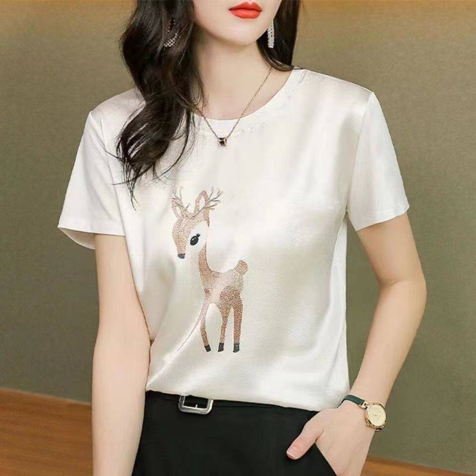 Áo Thun Lụa Mỏng Tay Ngắn Dáng Rộng In Họa Tiết Thời Trang Mùa Hè Phong Cách Mới Cho Nữ