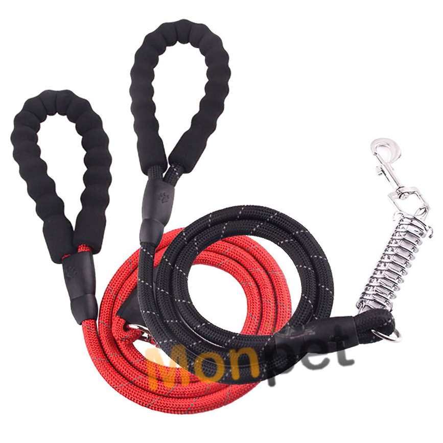 Dây dắt phản quang trợ lực lò xo giảm giật, kéo dây, móc khoá inox cho chó trung và lớn sợi lớn 150cm x 1.2cm