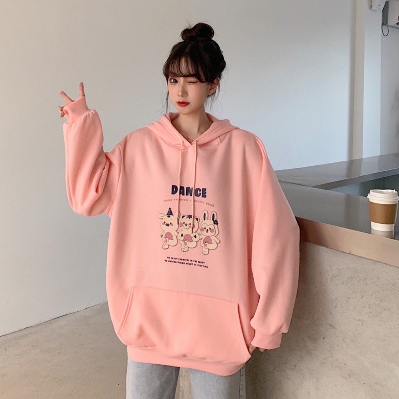 Áo hoodie nữ form rộng in chữ phối nón tai thỏ i hình siêu chất - Hot trend 2021