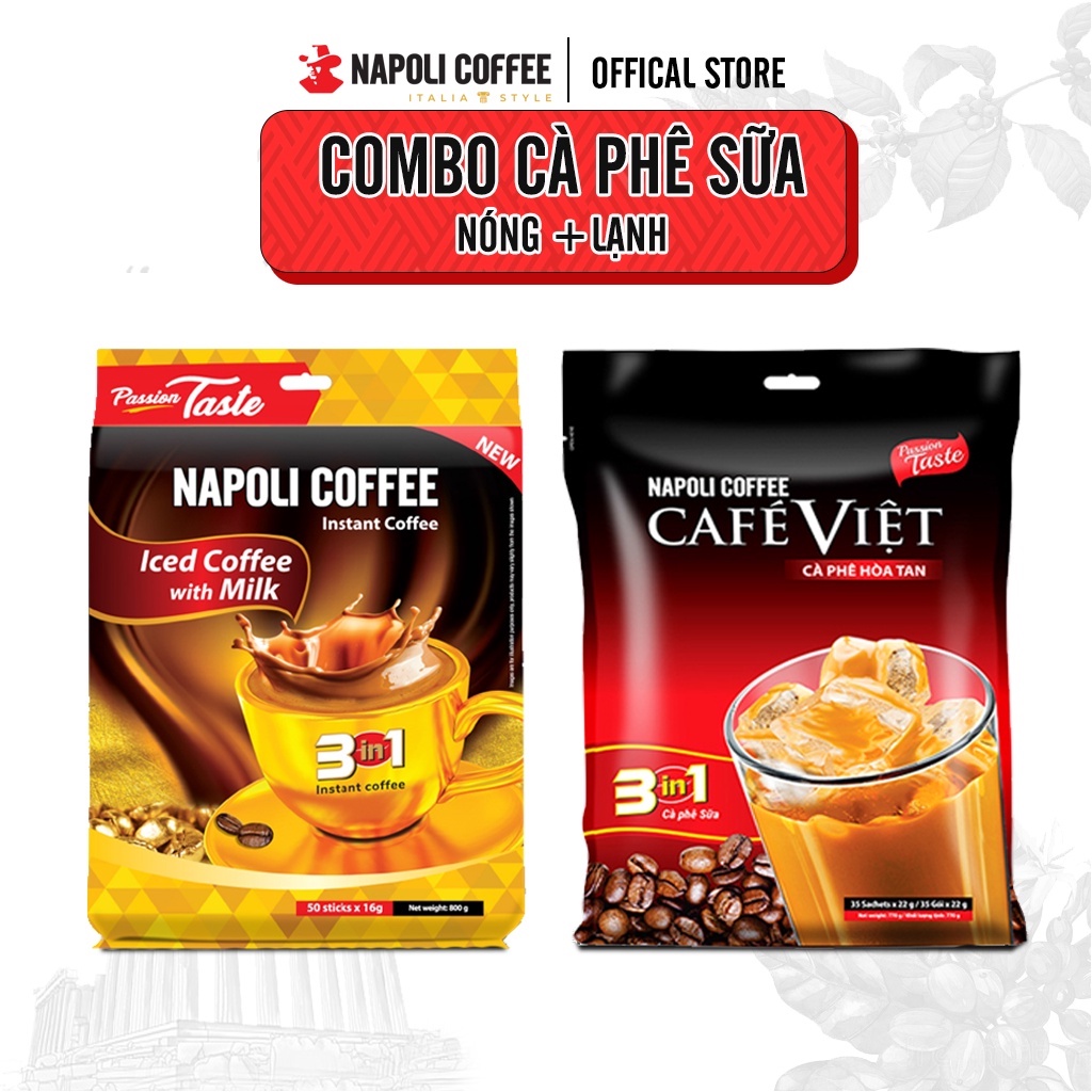 2 túi cà phê Sữa Chuyên Uống Nóng và Đá Napoli Coffee  Cafe Hoà Tan 3in1 Cafe sạch (50 gói x 16g&amp;35 gói x 22g)