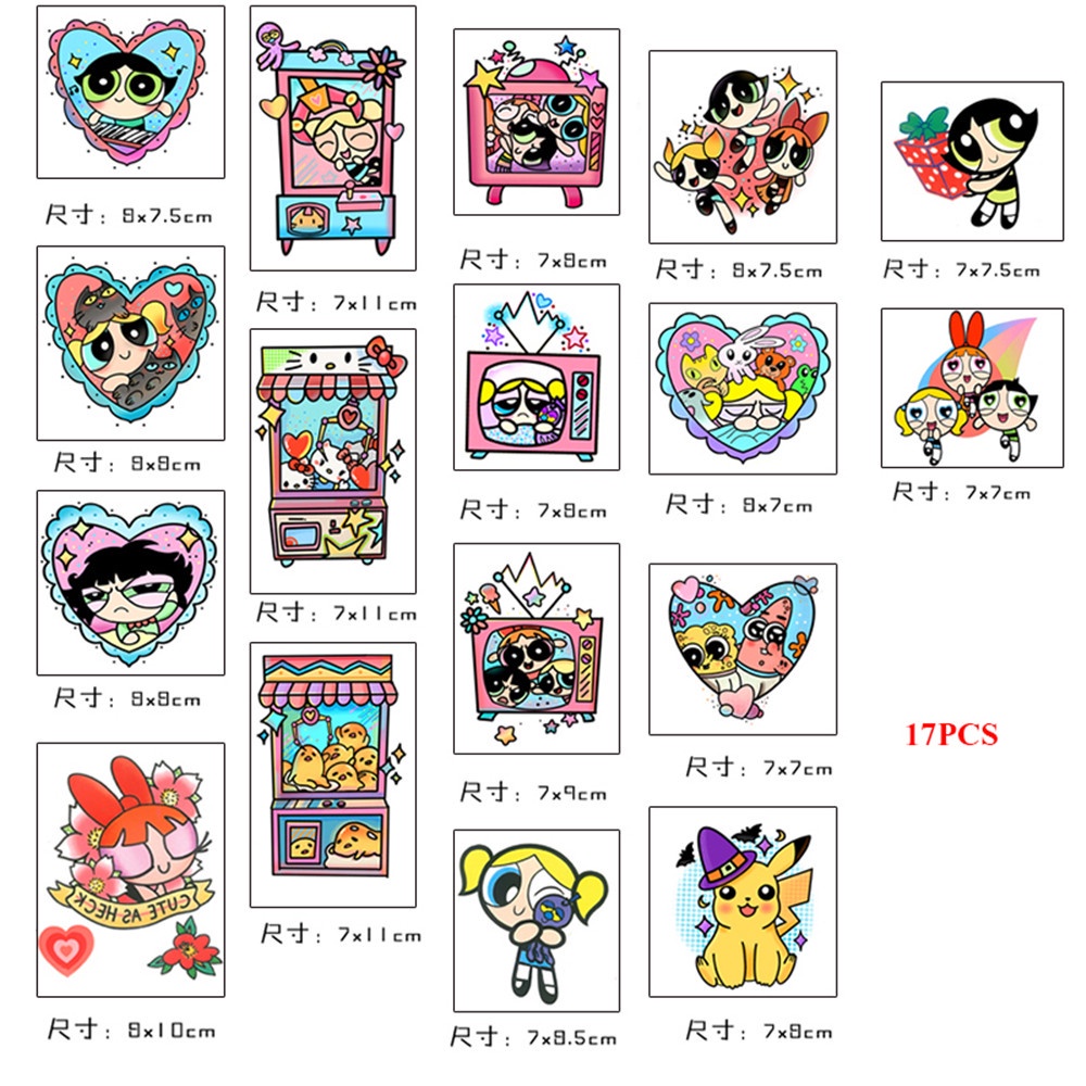 Bộ 17 Tấm Hình Xăm Dán Họa Tiết Hoạt Hình Powerpuff Girls Chống Nước Lâu Trôi Cho Nữ