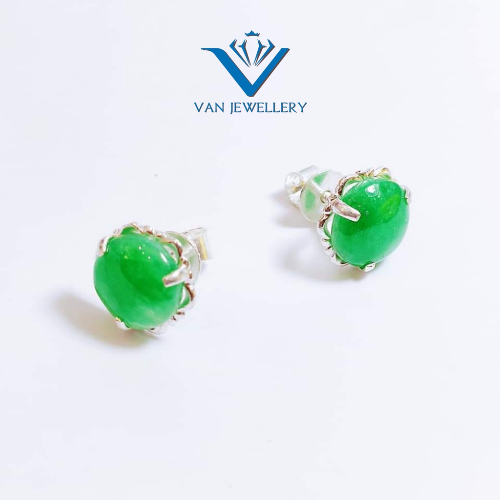 Bông tai bạc Nụ mặt ngọc xanh cho mẹ cho bà Van Jewelry V10606
