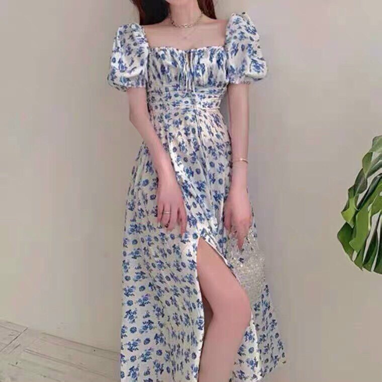 [ Miễn phí ship 2022 ] Đầm hoa nhí nữ vintage dáng dài xẻ tà xinh xắn, đầm maxi hoa cổ u đi chơi, đi biển sang chảnh