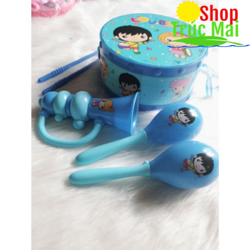 Bộ công cụ giải trí nhạc cụ 6 món trống, kèn, lục lạc, dùi trống cho bé