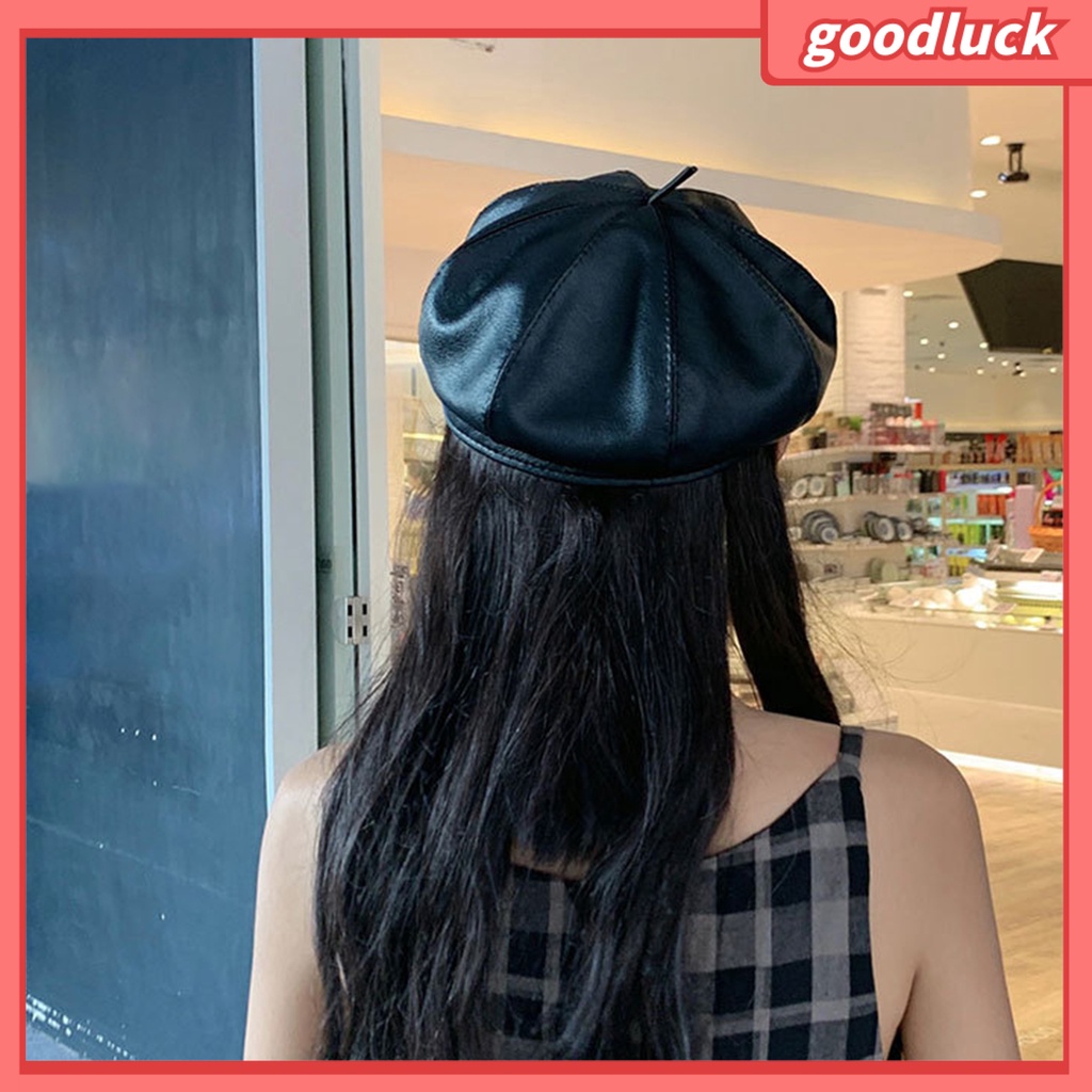 Mũ beret giả da phối dây rút thời trang cho nữ