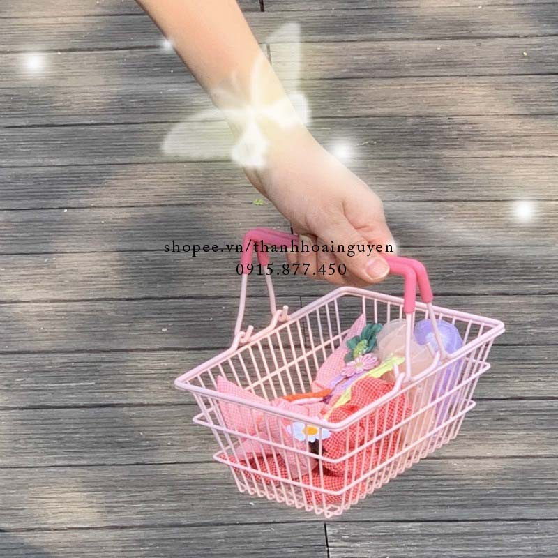 Giỏ tay cầm màu hồng thắt nơ pastel xinh xắn ( Rổ picnic cắm trại , rổ trang trí góc học tập )