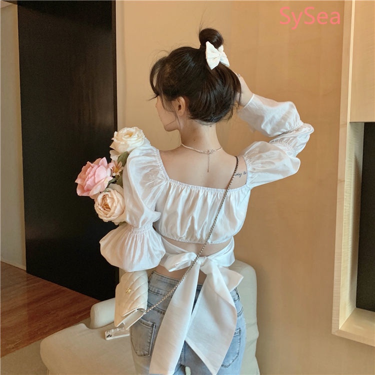 Áo kiểu tay phồng dài đính nơ phong cách hè thanh lịch cho nữ