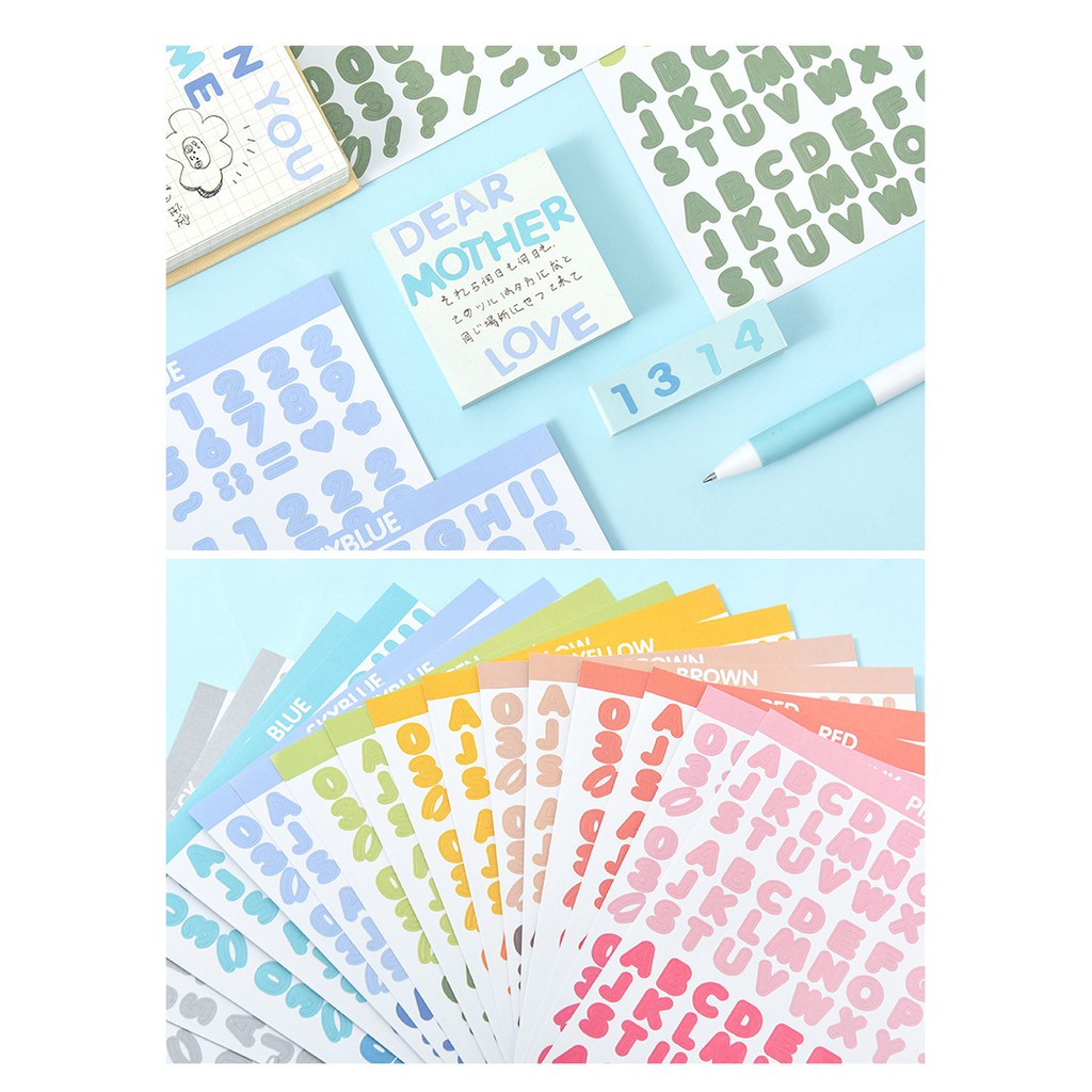 Sticker - Set 2 Bảng Sticker Dán Alphabet Trang Trí Bullet Journal Màu Sắc Tươi Sáng