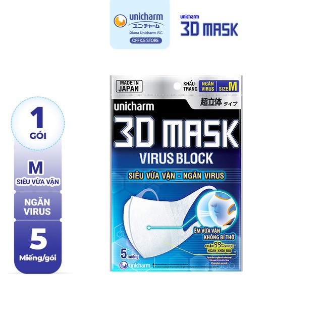 Khẩu trang ngăn vi khuẩn Unicharm 3D Mask Virus Block size M gói 5 cái