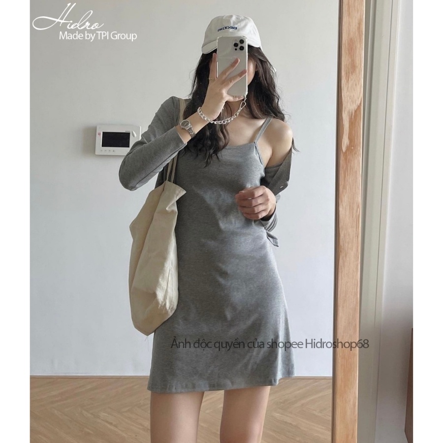 Set Váy Hai Dây Kèm Áo Khoác Cardigan Chất Cotton Bozip Co Giãn Tốt Dáng Chữ A
