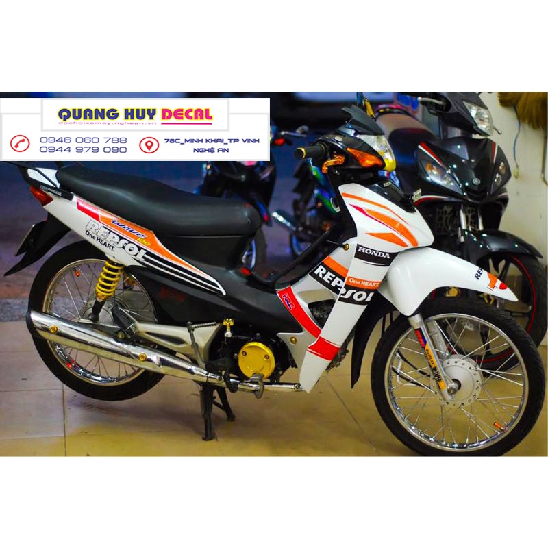 Tem trùm xe wave alpha 100 trắng cam đen repsol (đời 2006 - 2016) - Độ dán team trùm decal xe máy wave alpha 100 trắng c
