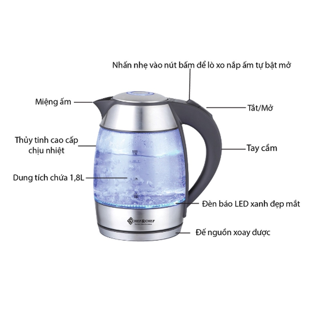 Ấm đun nước siêu tốc thủy tinh 1800ml Chef&chef bảo hành 12 tháng
