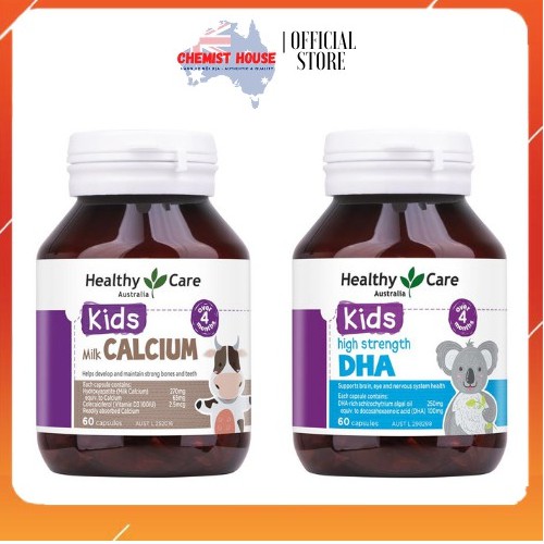 [Hàng Chuẩn ÚC] Combo Bổ sung DHA &amp; Canxi cho bé 60 viên DATE 2023 Healthy Care Canxi &amp; DHA