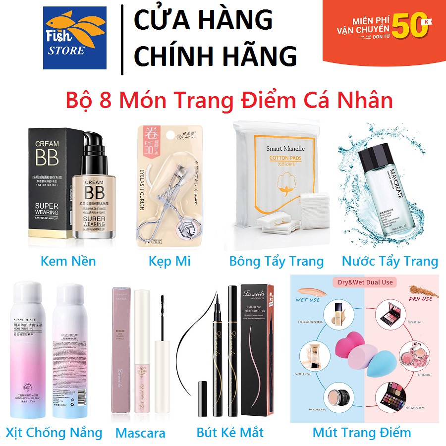 Bộ Trang Điểm MAKEUP Cá Nhân Đầy Đủ 8 Món Sang Xịn Xinh: Kem Nền,Chống Nắng,Mascara,Kẻ Mắt,Tẩy Trang,Mút Tán,Kẹp Mi