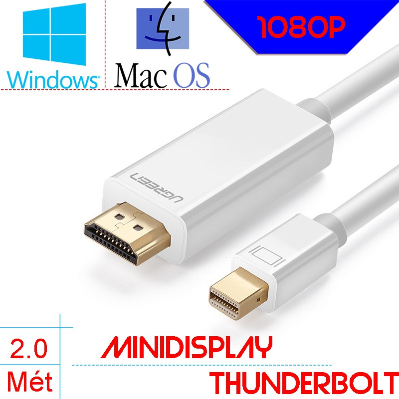 Cáp chuyển tín hiệu Thunderbolt/Minidisplay port sang HDMI (Mabook/Suface ra TV/Máy chiếu) 2 mét UGREEN 10404-màu trắng