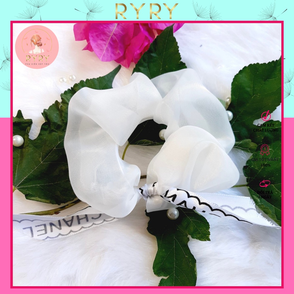 Dây cột tóc vải scrunchies đính nơ xinh xắn