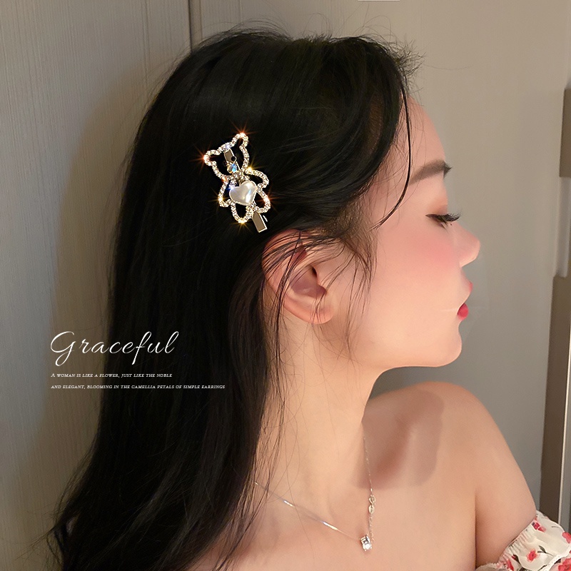 Kẹp Tóc Hình Gấu Đính Ngọc Trai Lấp Lánh Dễ Thương