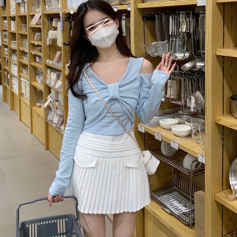 Áo Thun Tay Dài Hở Vai  Hình Nơ Dáng Ôm Gợi Cảm Dễ Phối Đồ Thời Trang Hàn Quốc Tiểu Thu Sang Chảnh