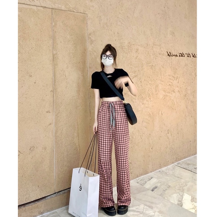 Quần ống rộng Họa Tiết Sọc Caro Phối Dây Rút Thời Trang Trẻ Trung Cho Nữ