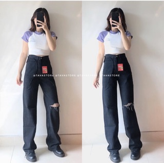 Quần jeans nữ đen rách gối