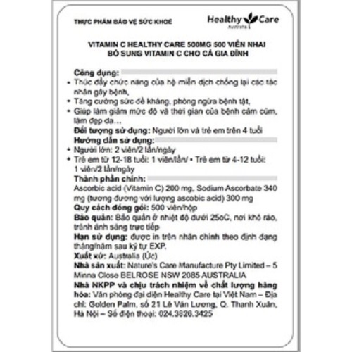 Vitamin C Healthy Care Úc 500mg Kẹo Dẻo Bổ Sung C Tăng Sức Đề Kháng Cho Cả Gia Đình (500 viên)