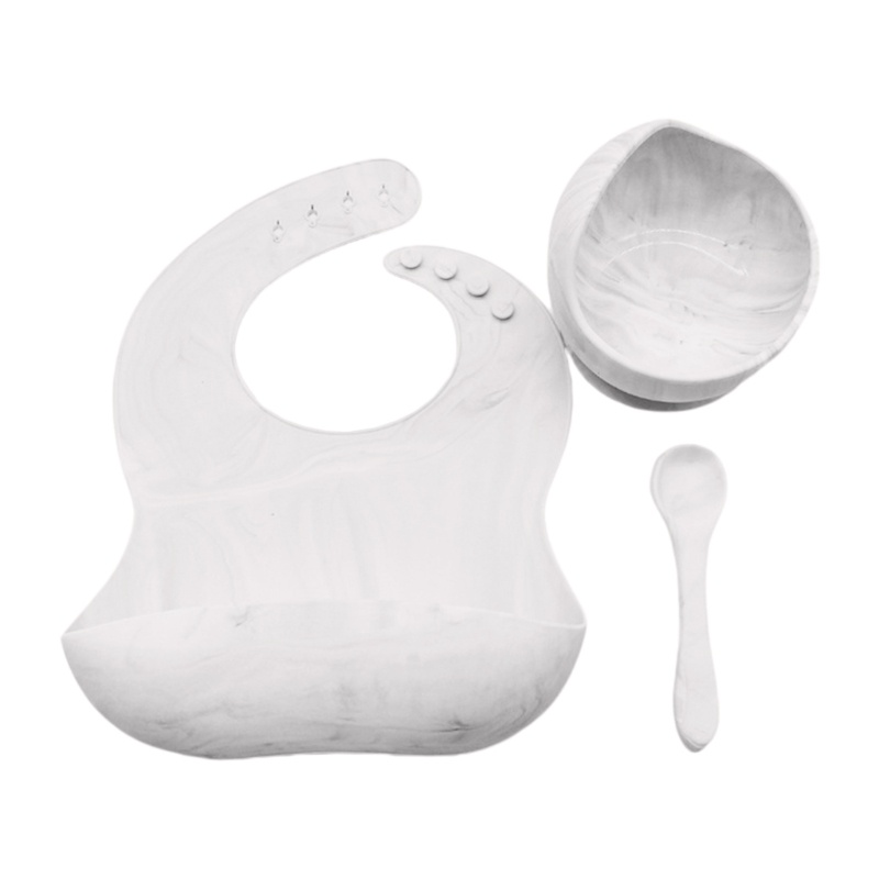 Bộ 3 Món Gồm Yếm Ăn + Đĩa + Muỗng + Tạp Dề Silicone Chống Nước Cho Bé Sơ Sinh