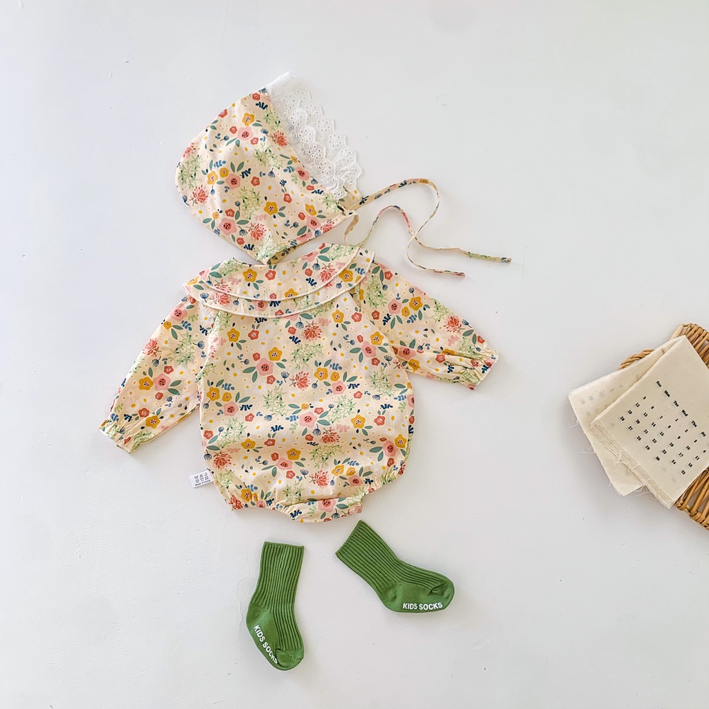 Bộ áo liền quần + mũ in hoa xinh xắn cho bé gái sơ sinh