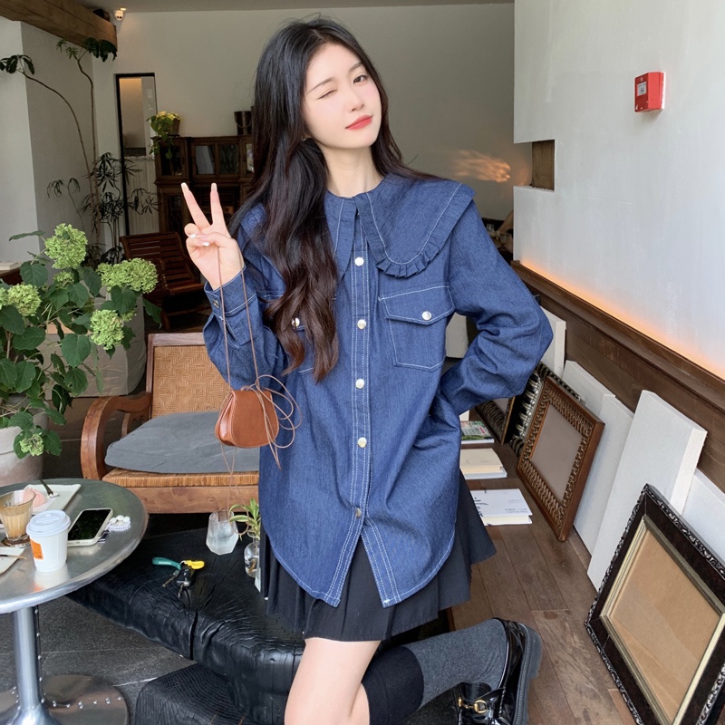 Áo sơ mi SUXI vải denim dài tay dáng rộng cổ búp bê phong cách Hàn Quốc vintage dễ phối đồ cho nữ